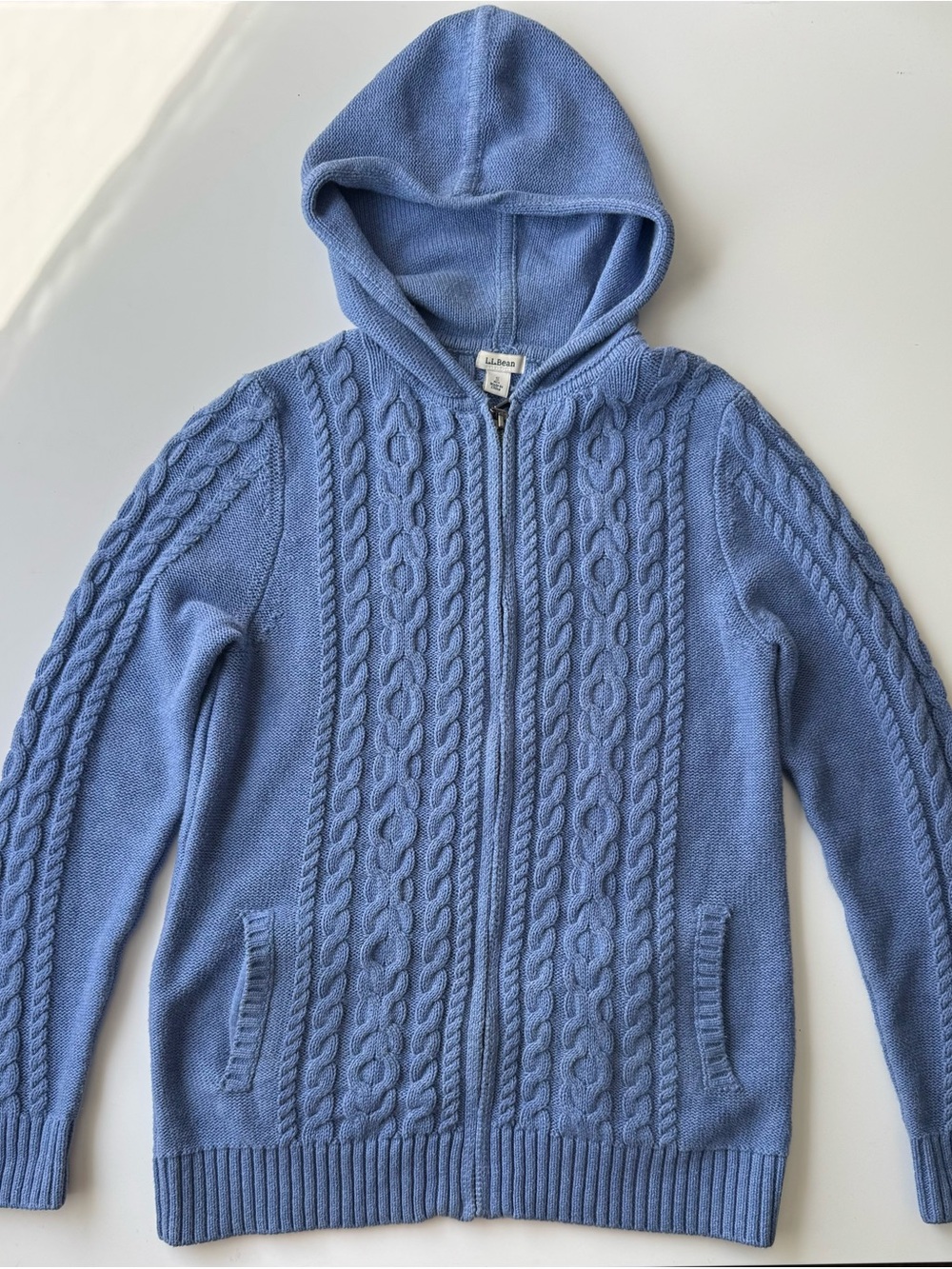 L.L. Bean Men's Light Blue Cable-Knit Hooded Zip Sweater